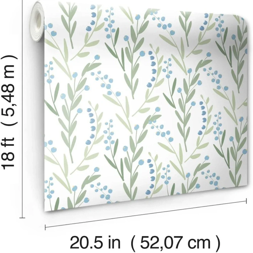 Roommates RMK12168PLW White Budding Branches Peel and Stick Wallpaper Green Blue